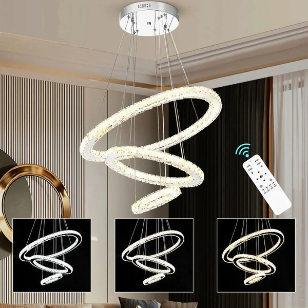 Suspension LED Cristal 3 Anneaux – Éclat Moderne avec Télécommande et Hauteur Réglable Luminaire Paris