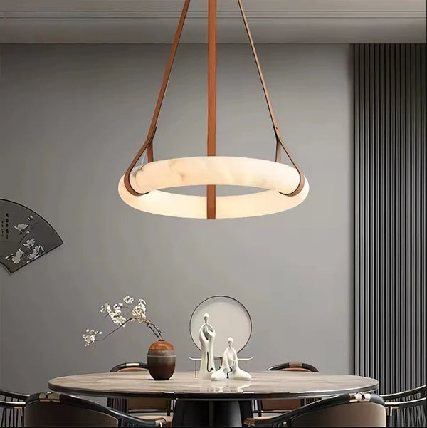 Suspension anneau lumineux avec sangles en cuir marron clair