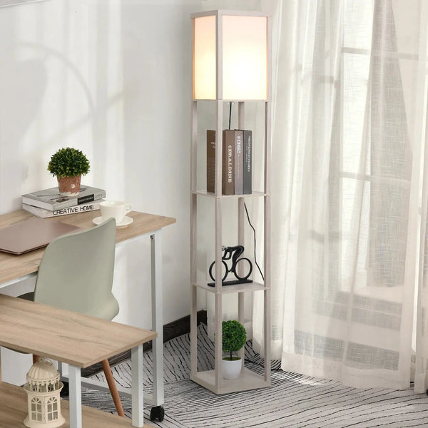 Lampadaire à Étagères Bois–Design Fonctionnel et Chaleureux Luminaire Paris